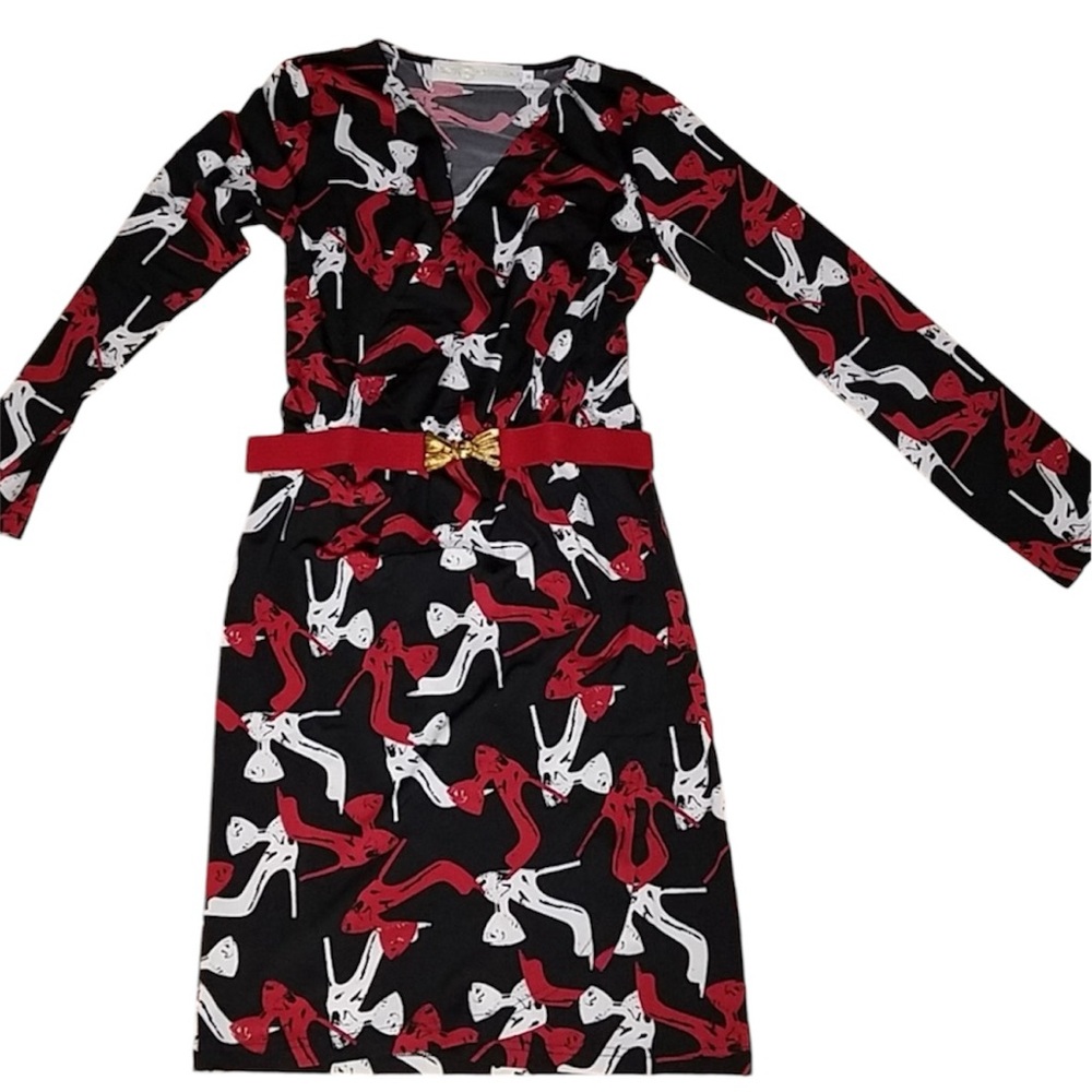 Women’s Tracy Negoshian Heel & Bow Pattern Long Sleeve Dress - Size M